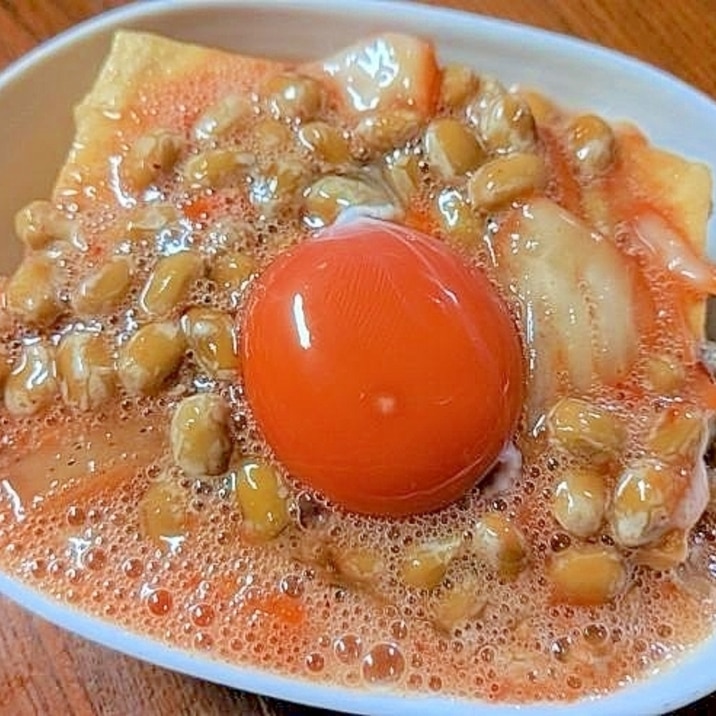 ●残り物で♪ふわふわ★黄身乗っけ納豆キムチ厚揚げ●